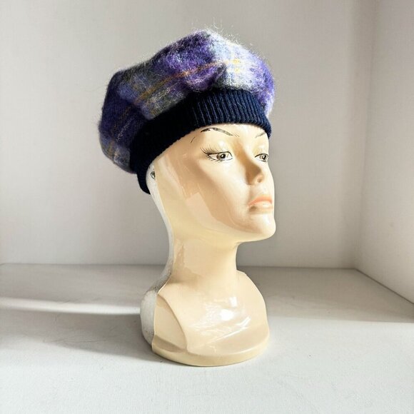 Vintage Ochcarro Purple Plaid Mohair wool Beret S - Picture 2 of 9